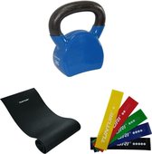 Tunturi - Fitness Set - Kettlebell 12  kg - Fitnessmat 160 x 60 x 0,7 cm - Weerstandsbanden 5 stuks
