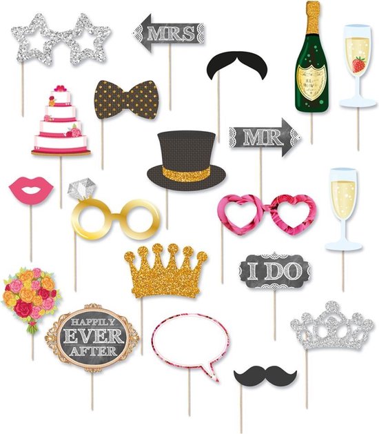 Henbrandt - 20 STUKS Photo Booth Bruiloft Props - Feestdecoratie - Wedding Photo Props - Photobooth props Huwelijk - Fotohokje Rekwisieten - Foto Decoratie feestje