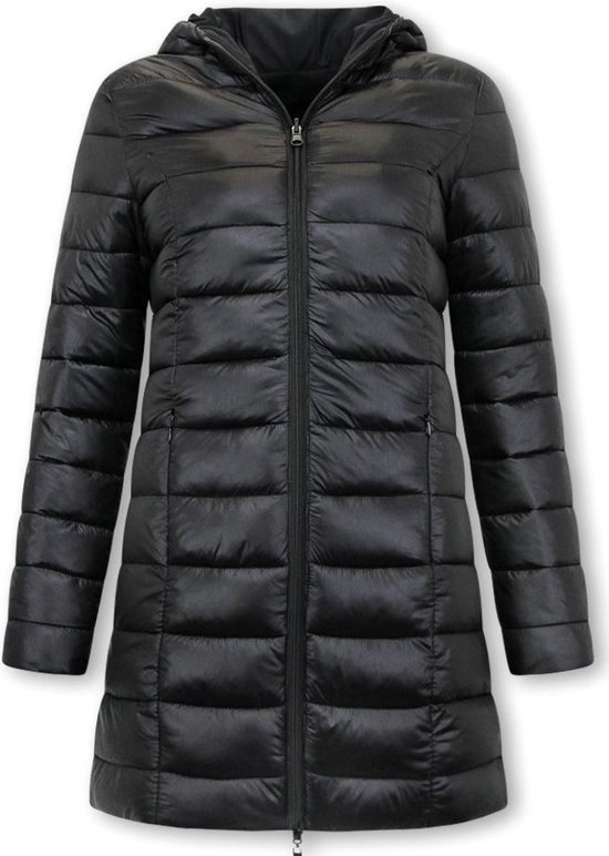 Puffer Jas Dames - Lange Winterjas Dames met Capuchon - Slim Fit - 2161 - Zwarte jas