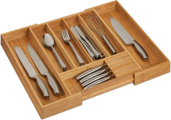 plateau à couverts relaxdays extensible - organisateur de couverts pour tiroir de cuisine - plateau à couverts bambou - grand