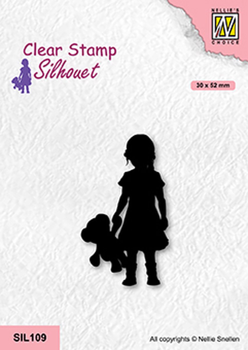 SIL109 Nellie Snellen clearstamp - Silhouette stamp girl with bear - stempel meisje met beer -kind - kleuter en knuffel