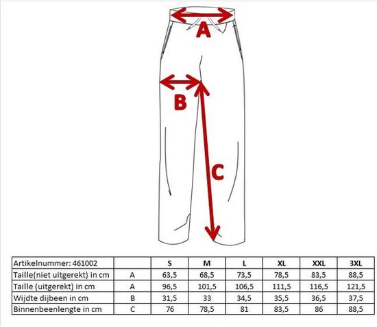 Maattabel voor een joggingbroek met markeringen voor taille en binnenbeenlengte.