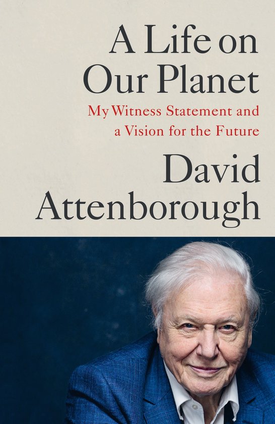 Boek "A Life on Our Planet" met een portret van David Attenborough in een blauw geruit jasje.