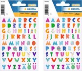 Stickervelletjes met 62x stuks gekleurde alfabet plak letters - 2 vellen