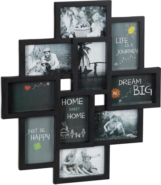 Zwarte fotolijst-collage voor 10 foto's, met teksten als 'HOME SWEET HOME', 'LIFE IS A JOURNEY', 'DREAM BIG'.