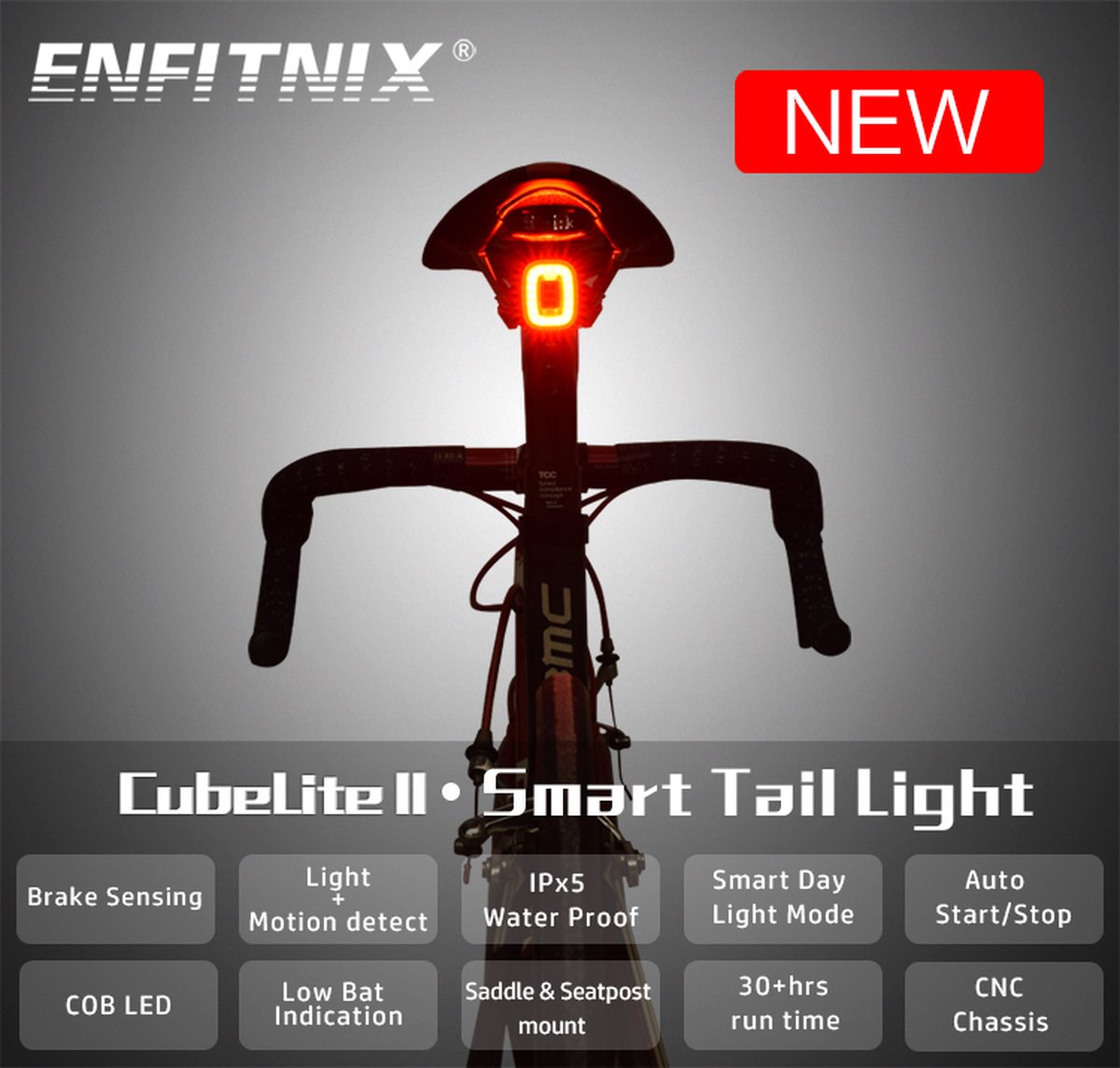 Enfitnix Cubelite II - Fiets Remlicht - USB Oplaadbaar – IPX6 Waterafstotend - Slimme LED Verlichting – Achterlicht met sensor