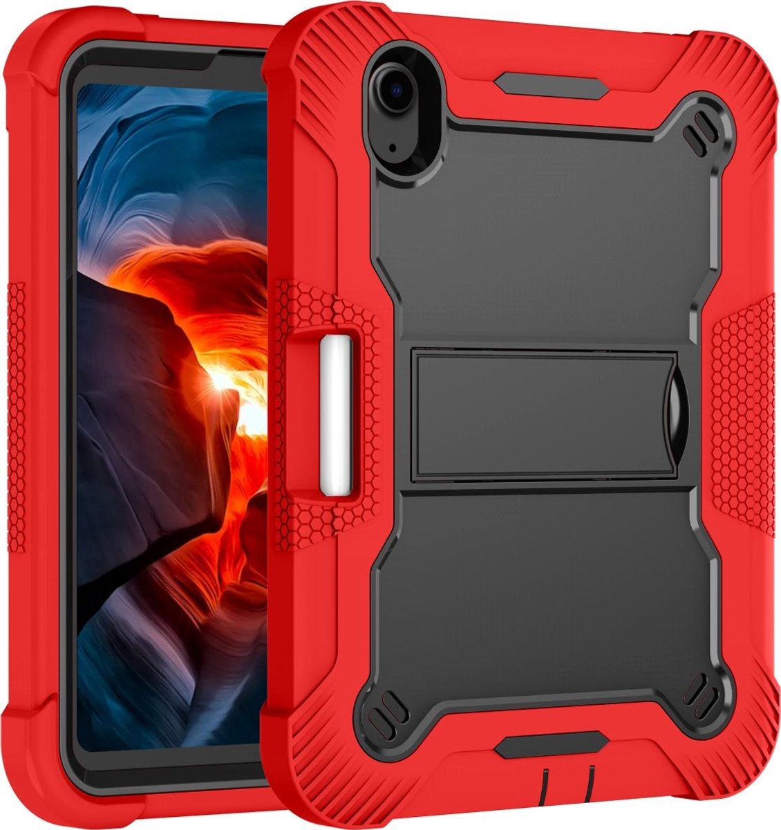 Mobigear Tablethoes geschikt voor Apple iPad Mini 6 (2021) Hardcase Backcover | Mobigear ShieldStand + Stylus Houder | Schokbestendig iPad Mini 6 (2021) Telefoonhoesje | Anti Shock Proof + Standaard - Zwart / Rood
