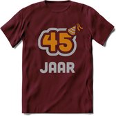 45 Jaar Feest T-Shirt | Goud - Zilver | Grappig Verjaardag Cadeau Shirt | Dames - Heren - Unisex | Tshirt Kleding Kado | - Burgundy - XL