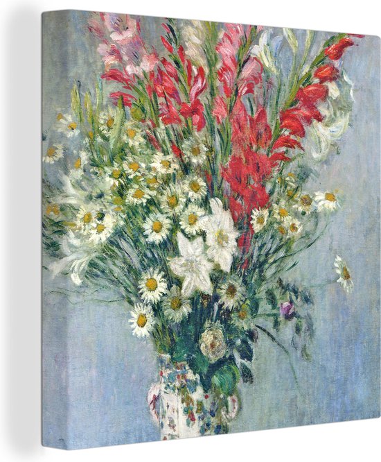 Canvas Schilderij Boeket van gladiolen, madeliefjes en lelies - Schilderij van Claude Monet - 20x20 cm - Wanddecoratie