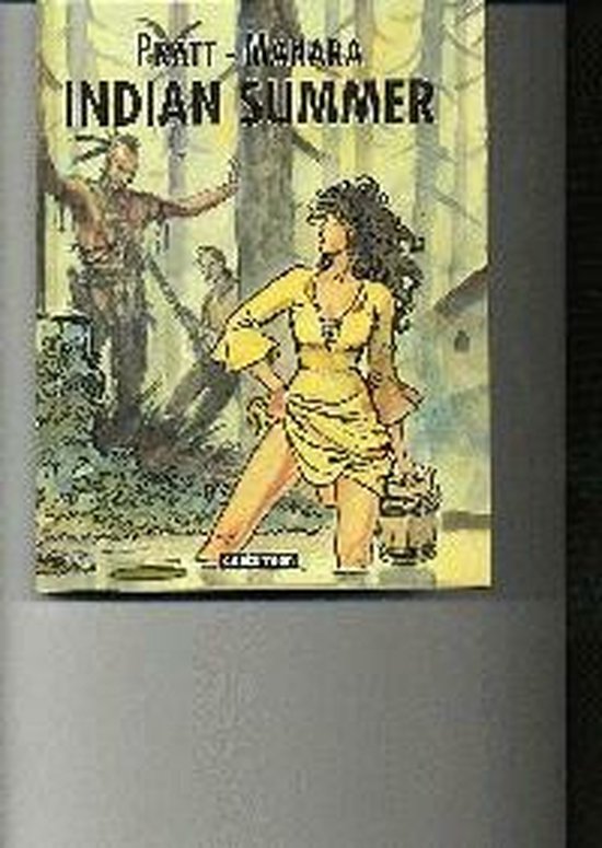 Boekomslag met de titel 'Indian Summer'. Een indiaan met een hoofdtooi staat naast een vrouw in een gele jurk.