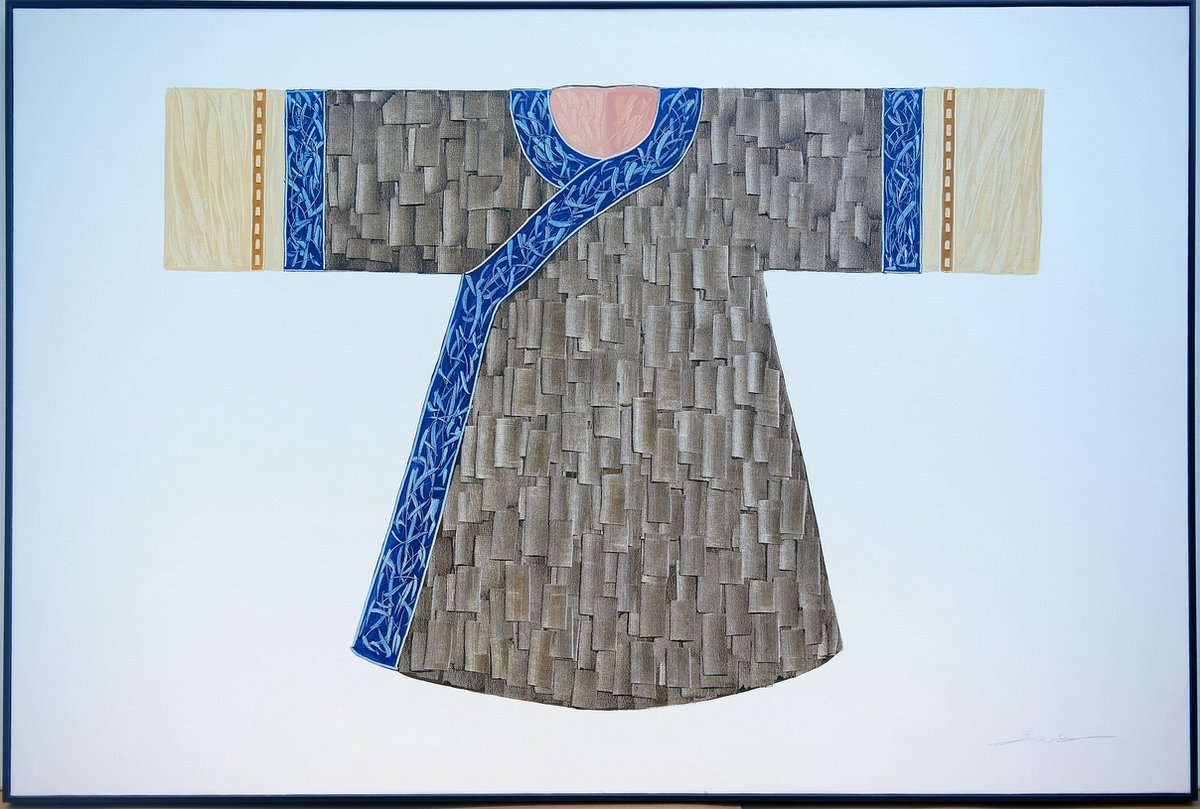 Fine Asianliving Olieverf Schilderij 100% Handgeschilderd 3D met Reliëf Effect en Zwarte Omlijsting 150x100cm Kimono Blauw Naturel