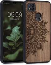 kwmobile telefoonhoesje compatibel met Xiaomi Redmi 9C - Hoesje met bumper in donkerbruin - walnoothout - Opkomende Zon design