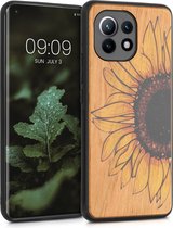 kwmobile telefoonhoesje compatibel met Xiaomi Mi 11 - Hoesje met bumper in geel / donkerbruin / lichtbruin - kersenhout - Wood Sunflower design