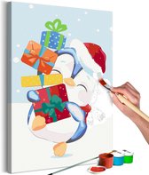 Doe-het-zelf op canvas schilderen - Penguin With a Gift.