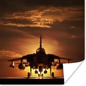 Poster Een silhouet van een straaljager tijdens een zonsondergang - 50x50 cm