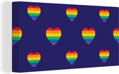 Canvas Schilderij Een illustratie van hartjes in regenboogkleuren op een paarse achtergrond - 80x40 cm - Wanddecoratie