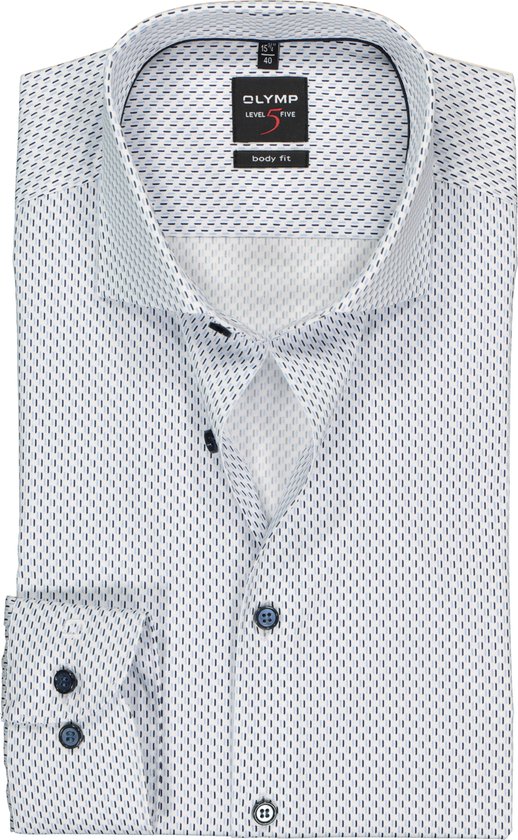 OLYMP Level 5 body fit overhemd - wit met licht- en donkerblauw dessin - Strijkvriendelijk - Boordmaat: 44