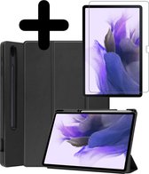 Samsung Tab S7 FE Hoes Hoesje Book Case Met Screenprotector En Uitsparing S Pen - Samsung Galaxy Tab S7 FE Hoes Cover 12,4 Inch Screenprotector - Zwart