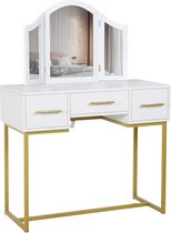 Kaptafel (1-delig), Kaptafel, Driedelige Opklapbare Spiegel, 3 Lades, Wit-goud