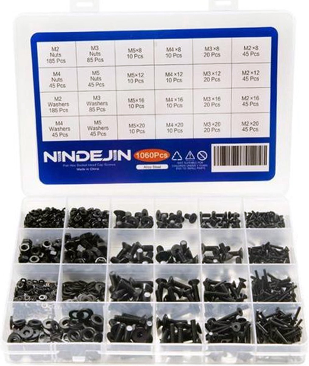 Nindejin 1060 schroeven, koolstofstaal, schroeven, moeren en sluitringen, assortiment met opbergdoos, soket-doos