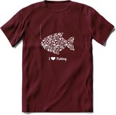 I Love Fishing - Vissen T-Shirt | Wit | Grappig Verjaardag Vis Hobby Cadeau Shirt | Dames - Heren - Unisex | Tshirt Hengelsport Kleding Kado - Burgundy - M