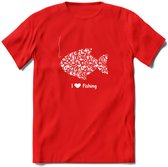 I Love Fishing - Vissen T-Shirt | Wit | Grappig Verjaardag Vis Hobby Cadeau Shirt | Dames - Heren - Unisex | Tshirt Hengelsport Kleding Kado - Rood - XL