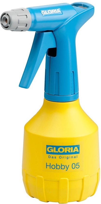 Gele Gloria Hobby 05 drukspuit met blauw handvat en spuitkop, op witte achtergrond.