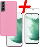 Hoes Geschikt voor Samsung S22 Plus Hoesje Siliconen Back Cover Case Met Screenprotector - Hoesje Geschikt voor Samsung Galaxy S22 Plus Hoes Cover Hoesje - Lichtroze