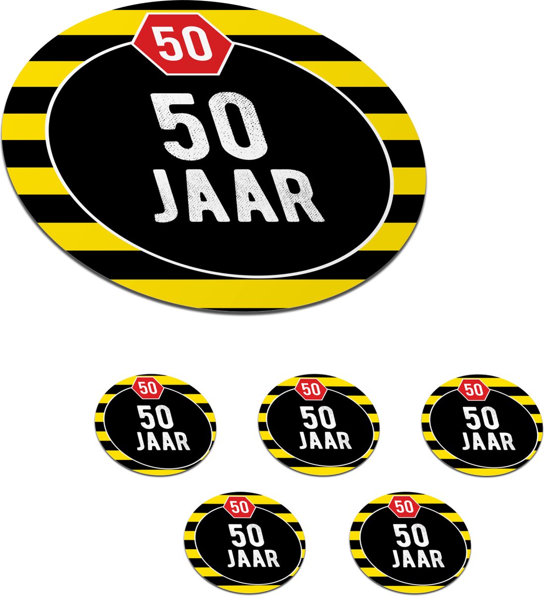 Onderzetters voor glazen - Rond - Design - 50 Jaar - Geel - 10x10 cm - Glasonderzetters - 6 stuks