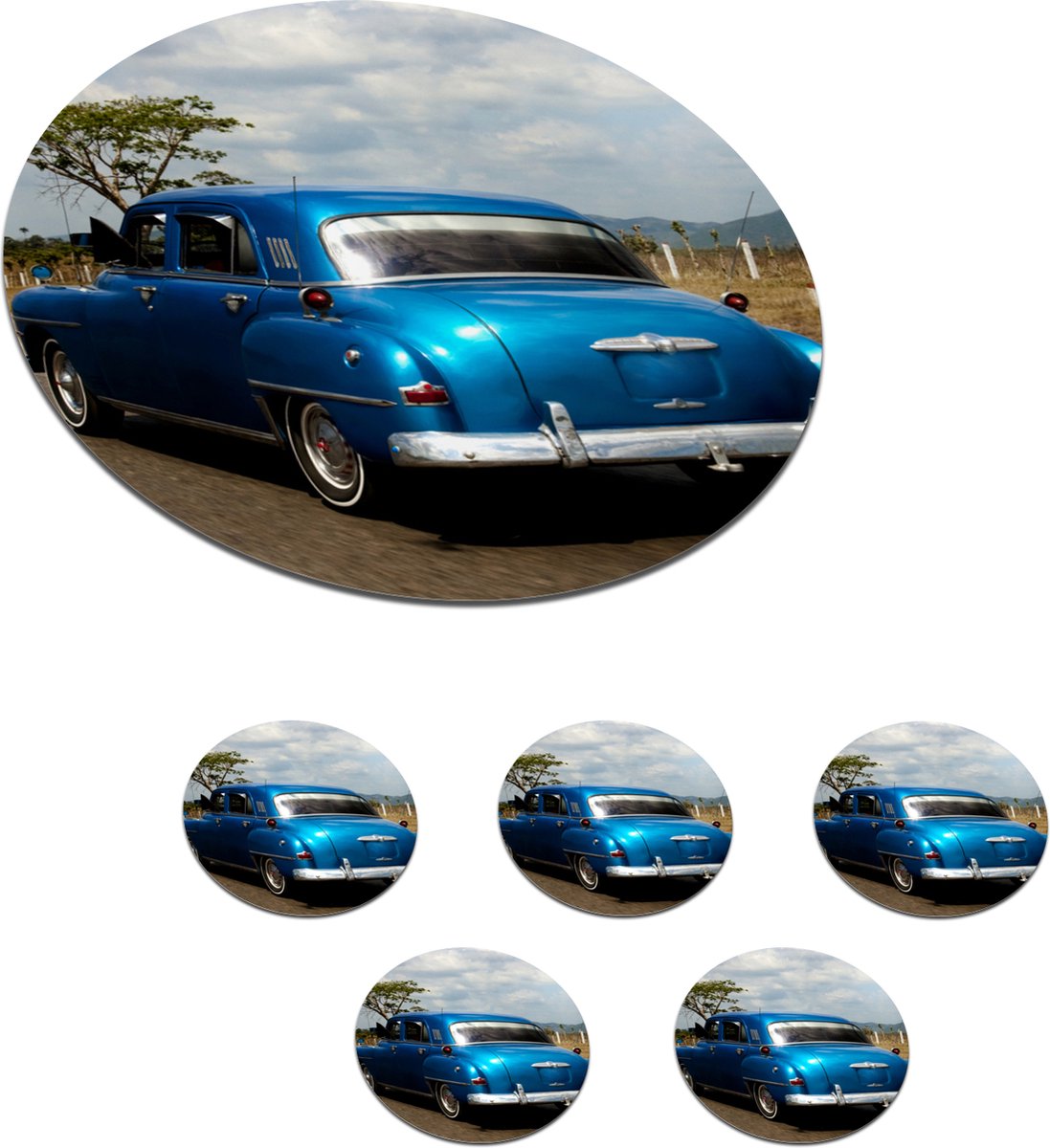 Onderzetters voor glazen - Rond - Cuba - Oldtimer - Blauw - 10x10 cm - Glasonderzetters - 6 stuks