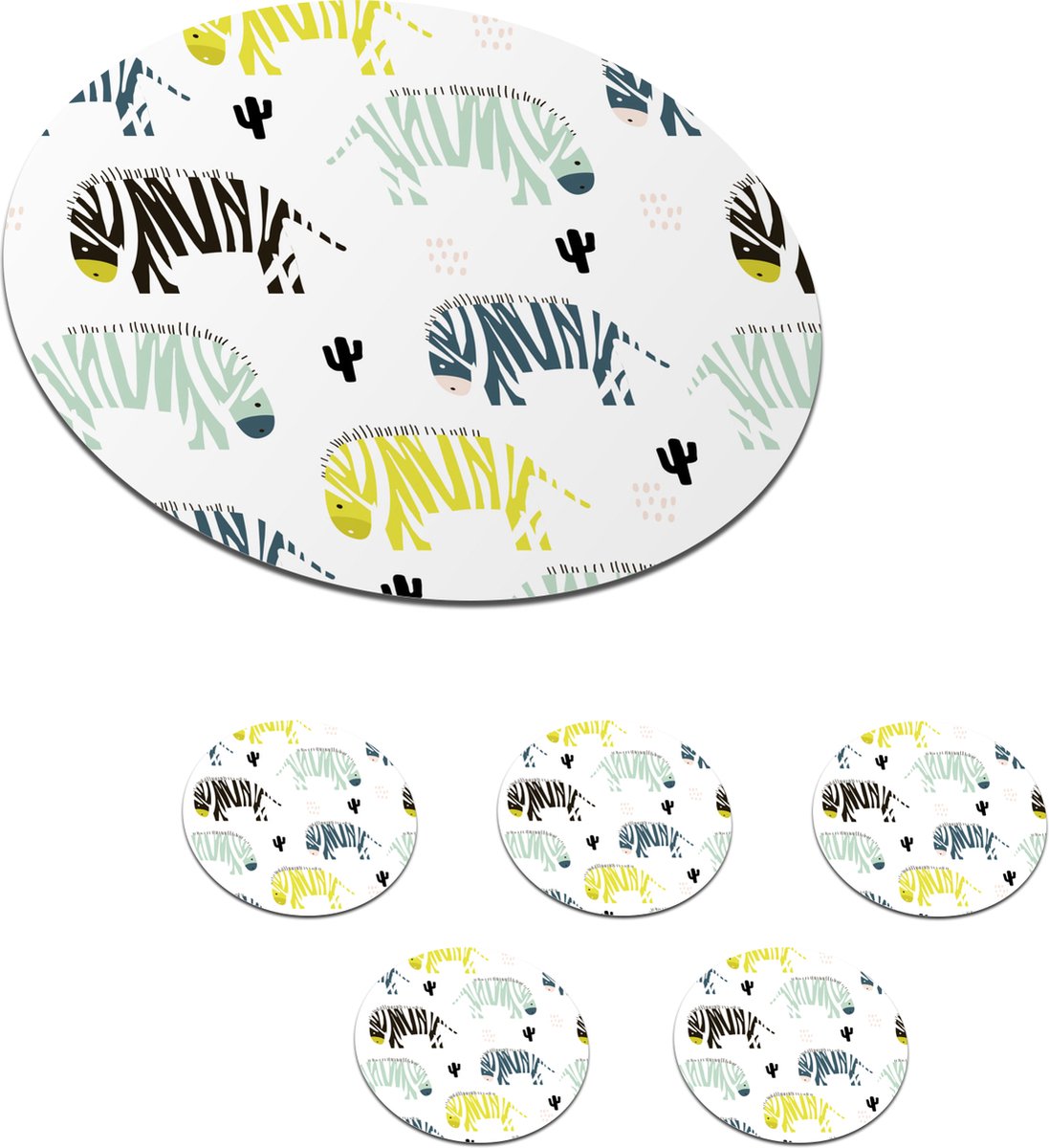 Onderzetters voor glazen - Rond - Zebra - Cactus - Wit - 10x10 cm - Glasonderzetters - 6 stuks