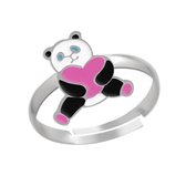 Zilveren ring, panda met roze hart