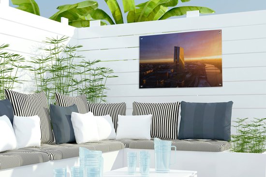 Décoration de jardin Vue aérienne du coucher du soleil à la Banque centrale européenne à Francfort, Allemagne - 60x40 cm - Affiche de jardin - Toile de jardin - Affiche d'extérieur