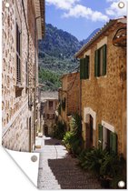 Tuinposter - Tuindoek - Tuinposters buiten - Stenen straten en huizen van de plaats Fornalutx, Mallorca - 80x120 cm - Tuin
