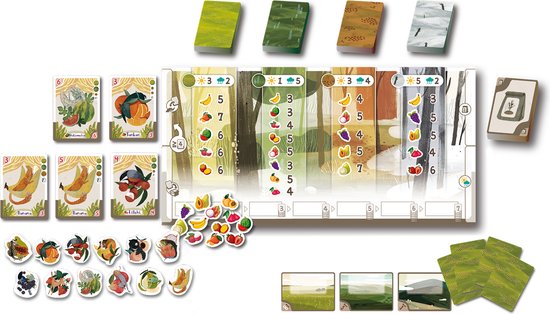 Spelbord met kaarten, fiches en tegels met diverse vruchten zoals bananen, perziken, pompoenen en watermeloenen.