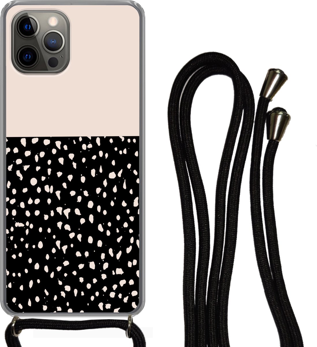 Telefoonkoord - Telefoonketting - Telefoonhoesje Geschikt voor iPhone 13 Pro - Stippen - Beige - Zwart - Siliconen - Crossbody - Telefoonhoesje met koord Telefoonhoesje