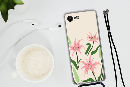 Coque avec cordon iPhone SE 2020 - Bloem - Rose - Feuilles - Siliconen - Bandoulière - Coque arrière avec cordon - Etui pour téléphone avec cordon - Etui avec corde - Cadeaux chaussures - Petits cadeaux - Sinterklaas for big kids