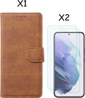 Samsung S22 hoesje Bruin Samsung Galaxy S22 5G hoesje bookcase portemonnee cover - Samsung hoesje S22 - Samsung S22 screenprotector / 2X Beschermglas