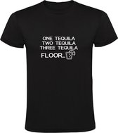 One, two, three tequila - Floor… | Heren T-shirt | Zwart | Een, twee, drie tequila - Vloer… | Borrel | Dronken | Sterke Drank | Shotjes | Feest | Festival | Carnaval