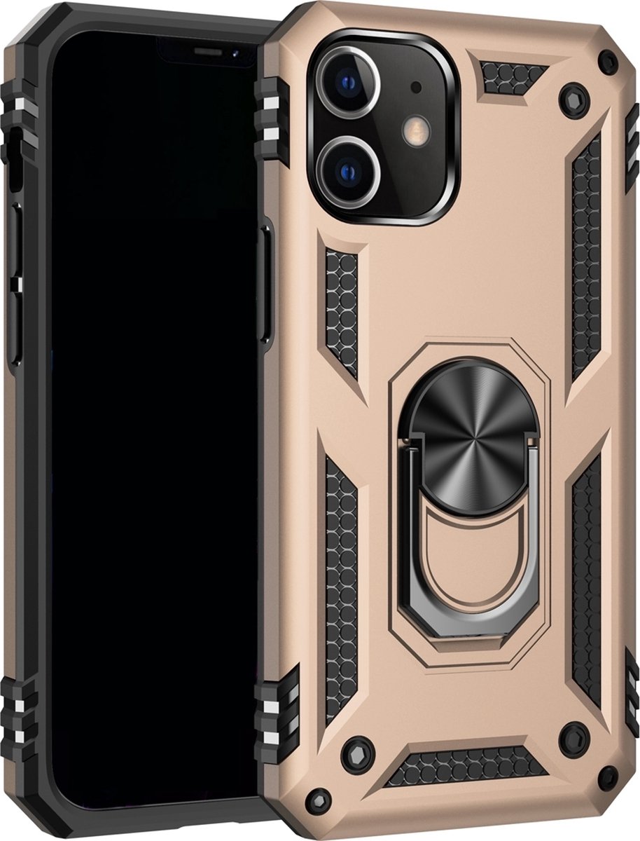 Mobigear Hoesje geschikt voor Apple iPhone 12 Pro Telefoonhoesje Hardcase | Mobigear Armor Ring Backcover Shockproof met Ringhouder | Schokbestendig iPhone 12 Pro Telefoonhoesje | Anti Shock Proof - Goud