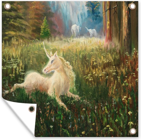 Tuinposters Een illustratie van een eenhoorn in een bos - Meisjes - Kinderen - Kids - 50x50 cm - Tuindoek - Buitenposter