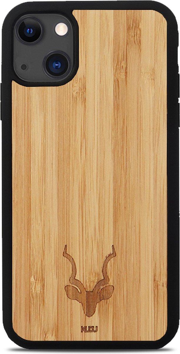 Kudu iPhone 13 hoesje case - Houten backcover - Handgemaakt en afgewerkt met duurzaam TPU - Bamboe - Zwart