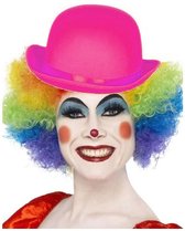 Clown verkleed set gekleurde pruik met bolhoed roze - Carnaval clowns verkleedkleding en accessoires