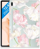 Leuk Hoesje Geschikt voor Samsung Galaxy Tab S7FE Cover Mooie Bloemen met doorzichte zijkanten