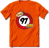 97 Jaar Hoera Verkeersbord T-Shirt | Grappig Verjaardag Cadeau | Dames - Heren | - Oranje - XXL