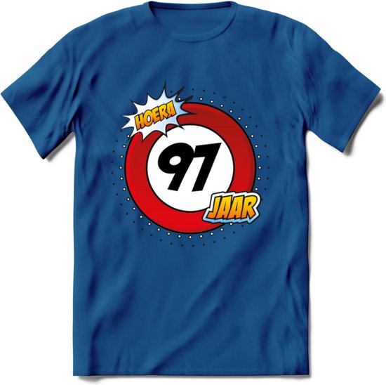 97 Jaar Hoera Verkeersbord T-Shirt | Grappig Verjaardag Cadeau | Dames – Heren | – Donker Blauw – 3XL