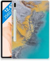 Tablet Hoes Samsung Galaxy Tab S7FE Leuk Case Marble Blue Gold met transparant zijkanten