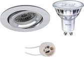 LED Spot Set - Pragmi Aerony Pro - GU10 Fitting - Inbouw Rond - Mat Zilver - Kantelbaar - Ø82mm - Philips - SceneSwitch 827 36D - 1.5W-5W - Warm Wit 2200K-2700K - Dimbaar - BES LED