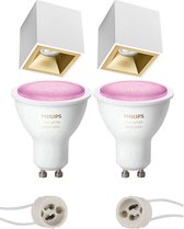 Prima Cliron Pro - Opbouw Vierkant - Mat Wit/Goud - Verdiept - 90mm - Philips Hue - Opbouwspot Set GU10 - White and Color Ambiance - Bluetooth