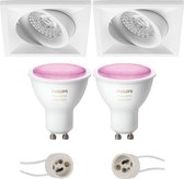 Pragmi Qiundo Pro - Inbouw Vierkant - Mat Wit - Kantelbaar - 80mm - Philips Hue - LED Spot Set GU10 - White and Color Ambiance - Bluetooth - BES LED